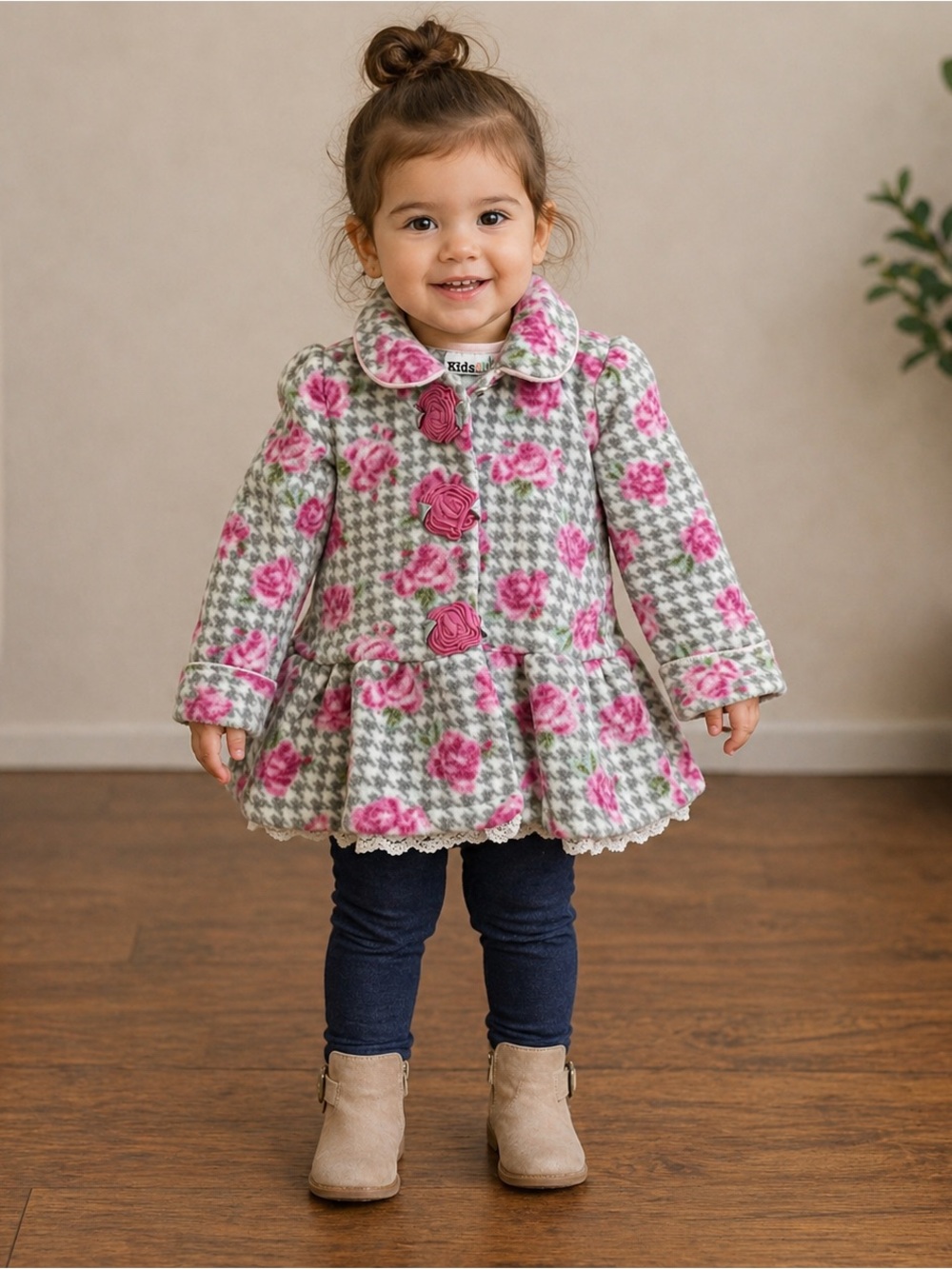 Kids Headquarters Pink Floral Houndstooth Peacoat